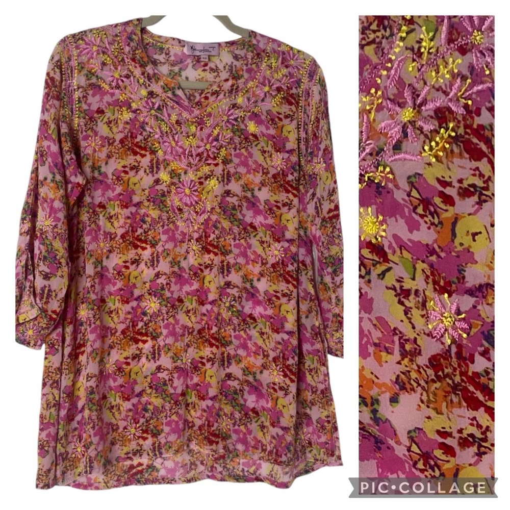 Silk Jenifer T. Knit Couture Silk Floral Embroidered Blouse. Sz EU 42, US M/L